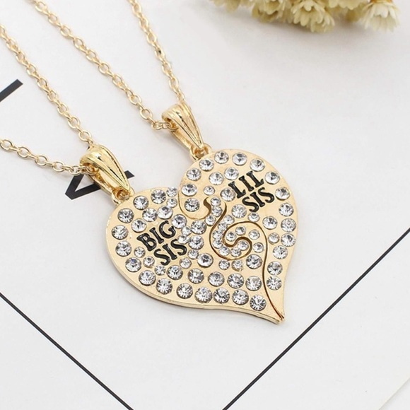 Necklaces Big Sis Lil Sis Set of 2 Gold Tone Heart Rhinestones - Picture 4 of 5